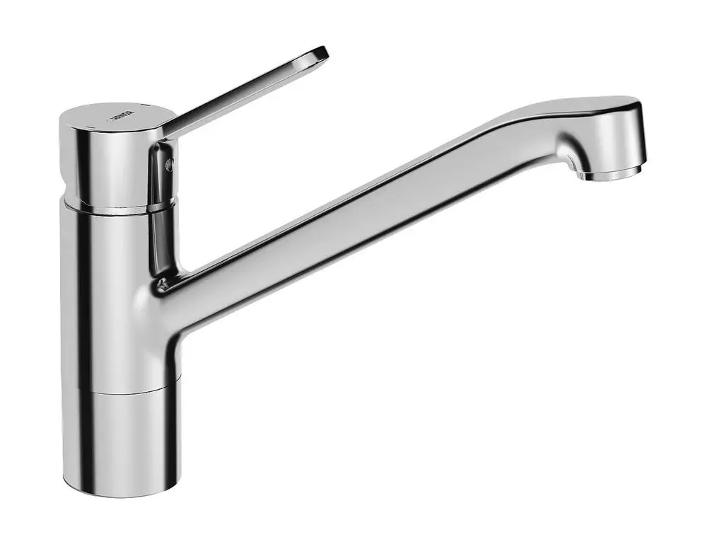 Einhebelmischer Küchenarmatur von HANSA mit einem langen, geschwungenen Auslauf und einem praktischen Hebel zur Wasserregulierung. Oberfläche in glänzendem Chrom.